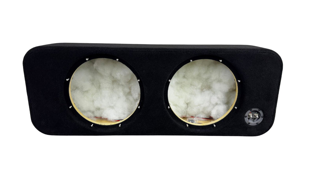Car audio subwoofer enclosure with two visible subwoofers on a white background