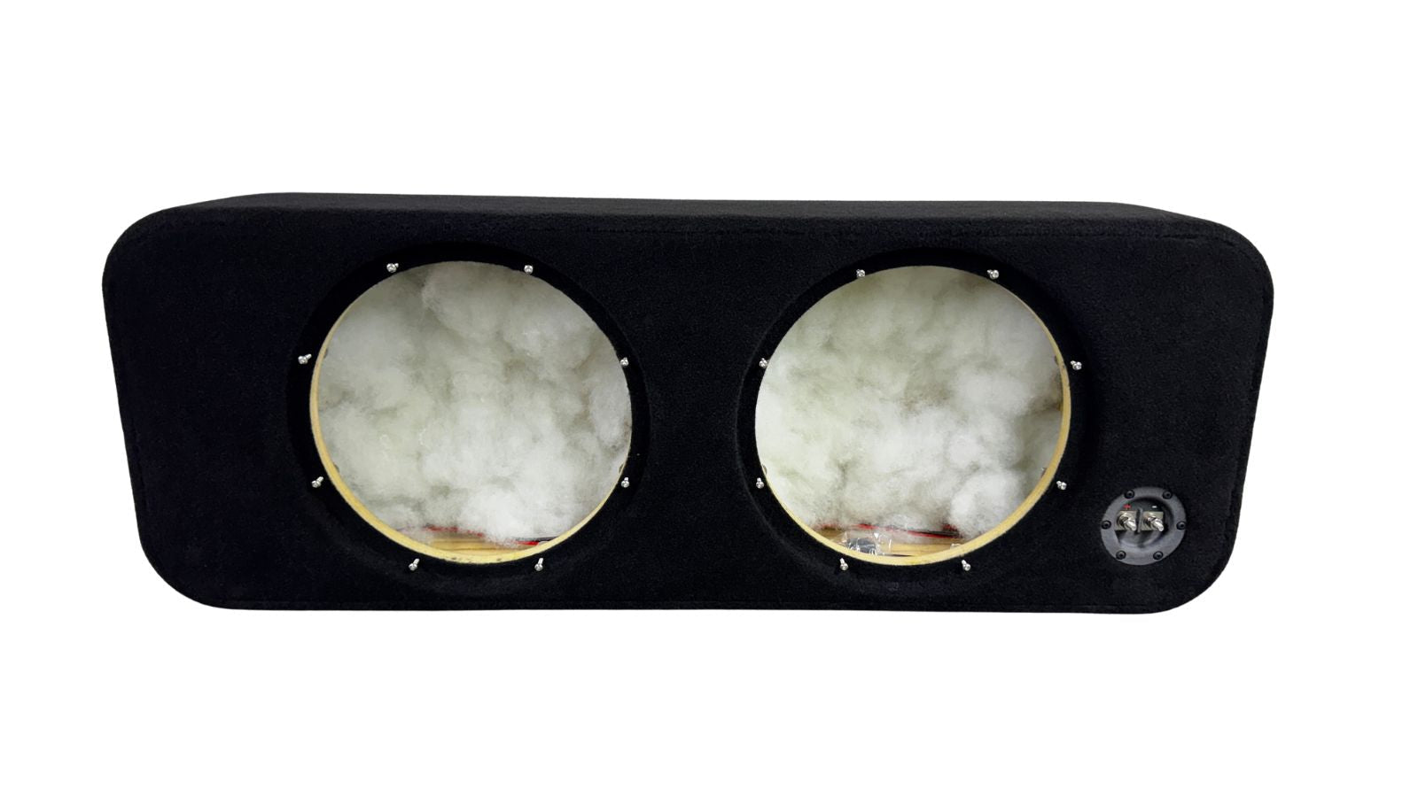 Car audio subwoofer enclosure with two visible subwoofers on a white background