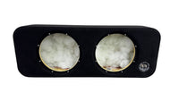 Car audio subwoofer enclosure with two visible subwoofers on a white background