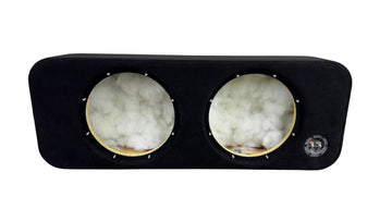 Car audio subwoofer enclosure with two visible subwoofers on a white background