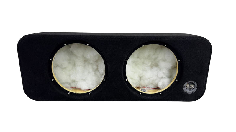 Car audio subwoofer enclosure with two visible subwoofers on a white background