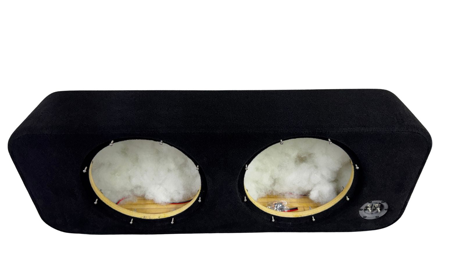 Black double-stacked car audio subwoofer enclosure with foam padding on a white background