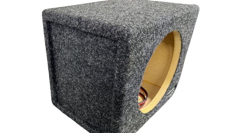 Car subwoofer enclosure with a visible brand logo on a white background