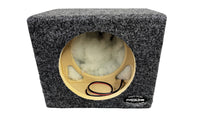 Car audio subwoofer enclosure with visible brand logo on a white background