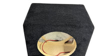 Car audio subwoofer enclosure with visible wiring on a white background