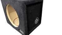 Car subwoofer enclosure with brand logo on a white background
