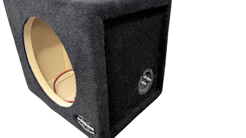 Car subwoofer enclosure with brand logo on a white background