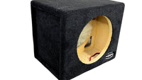 Black subwoofer enclosure with beige interior on a white background
