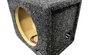 Car audio subwoofer enclosure with textured gray exterior and beige interior on a white background