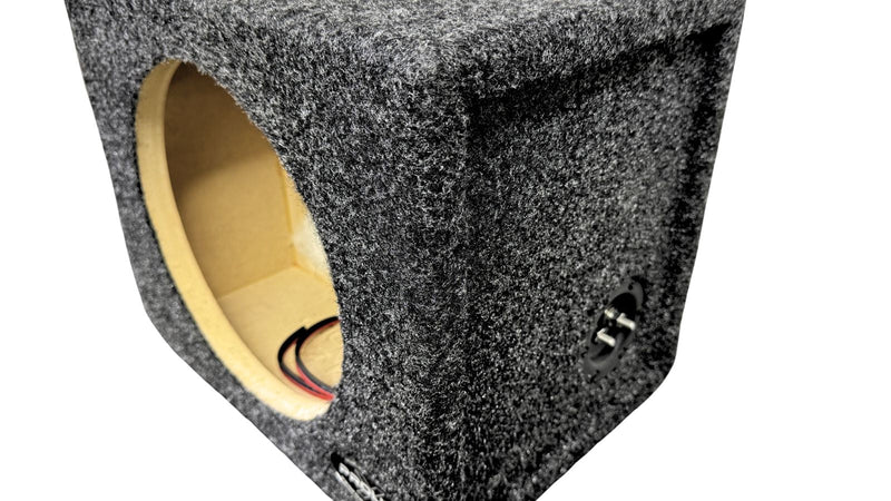 Car audio subwoofer enclosure with textured gray exterior and beige interior on a white background