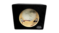 Black audio subwoofer enclosure with visible brand logo on a white background