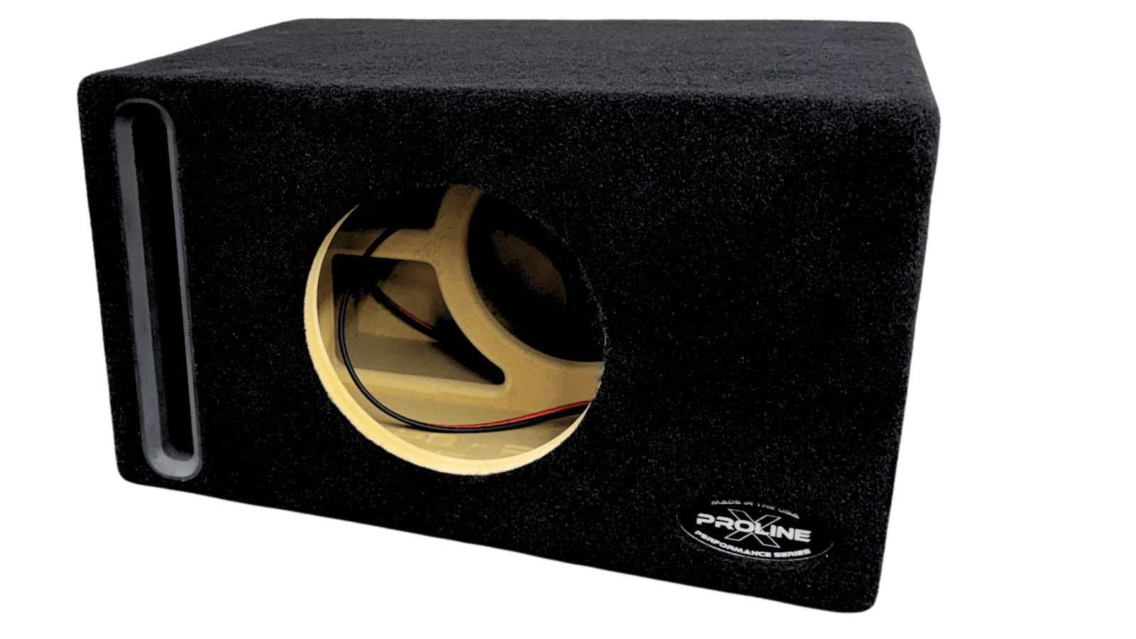 Black car audio subwoofer enclosure with gold center on a white background