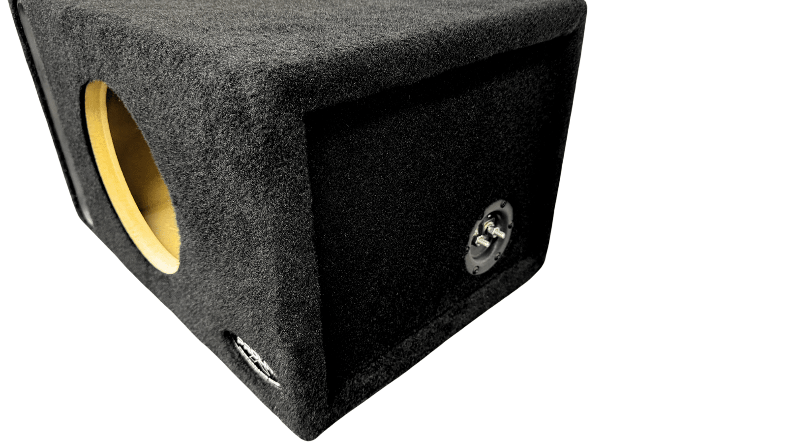 Black car subwoofer enclosure with visible brand logo on a white background
