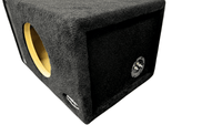 Black car subwoofer enclosure with visible brand logo on a white background