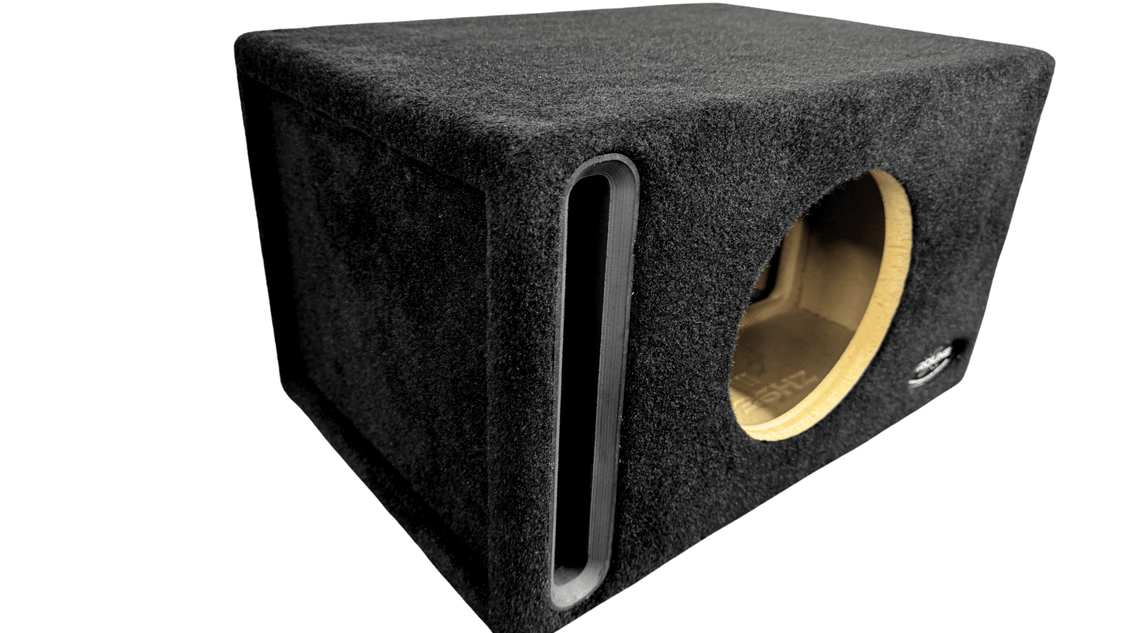 Car subwoofer enclosure with visible brand logo on a white background