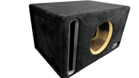 Car subwoofer enclosure with visible brand logo on a white background