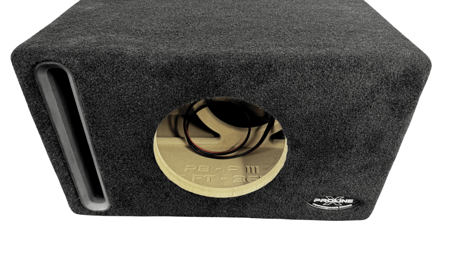 Black car audio subwoofer enclosure with gold logo on a white background