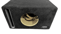 Black car audio subwoofer enclosure with gold logo on a white background