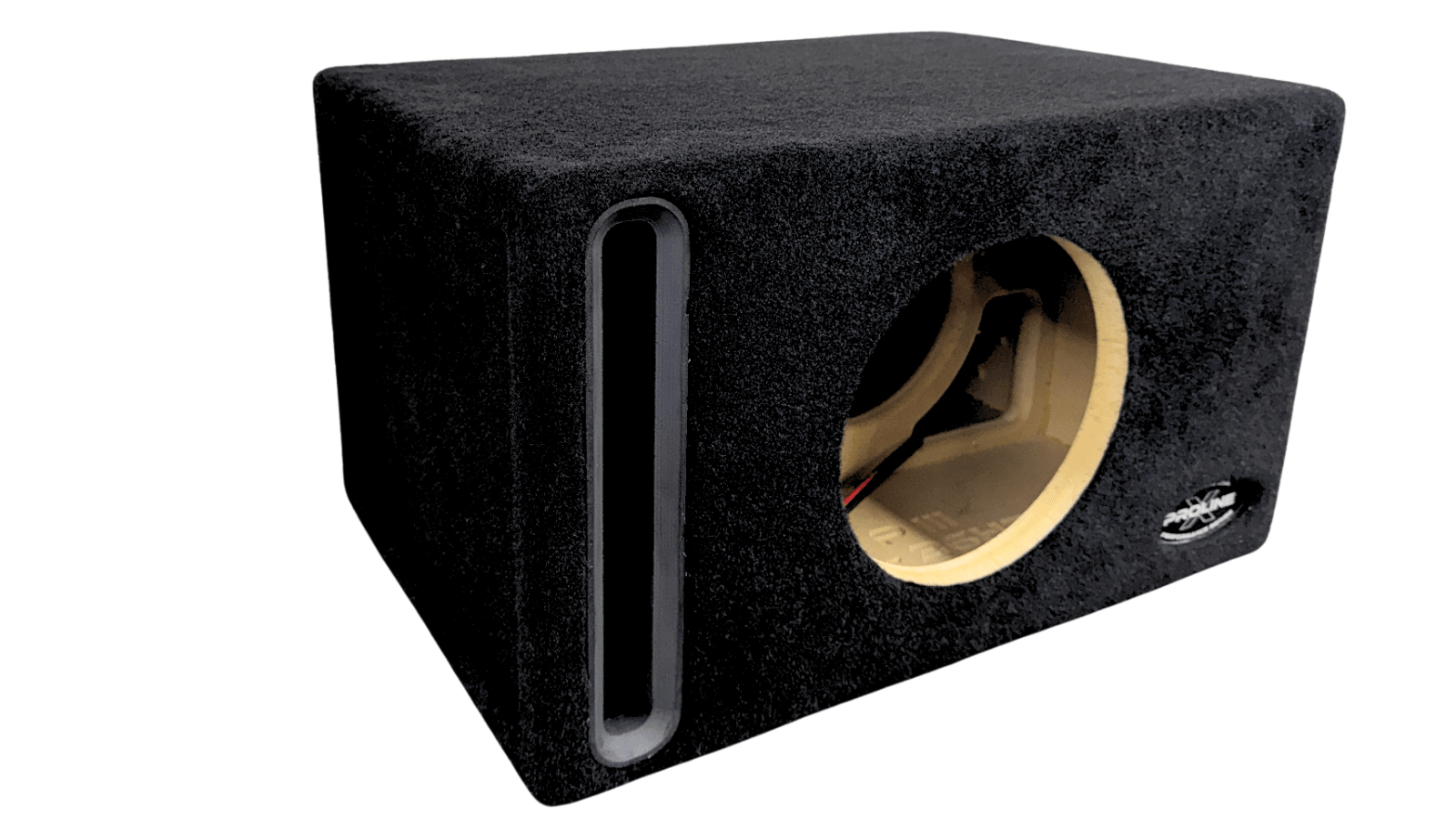 Black car audio subwoofer enclosure with visible brand logo on a white background