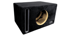 Black car audio subwoofer enclosure with visible brand logo on a white background