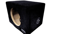 Black subwoofer enclosure with beige interior on a white background
