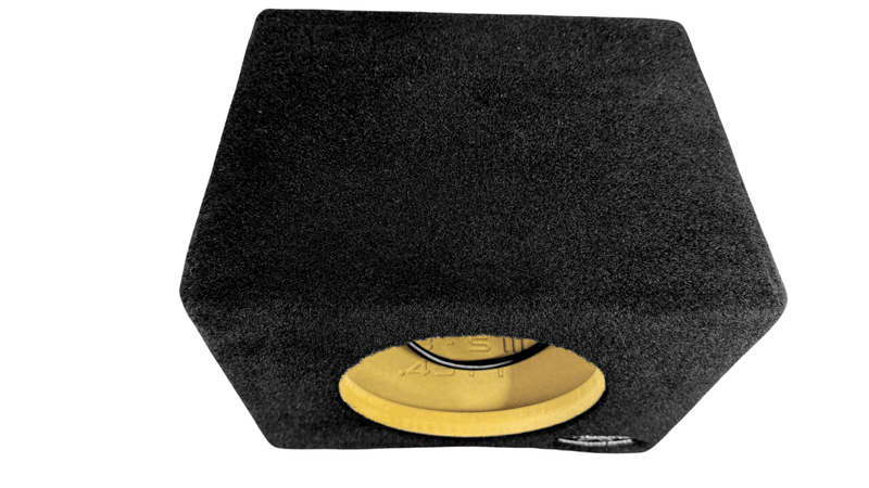 Black and yellow car audio subwoofer box on a white background
