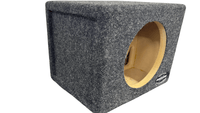 Gray subwoofer enclosure with a wooden interior on a white background