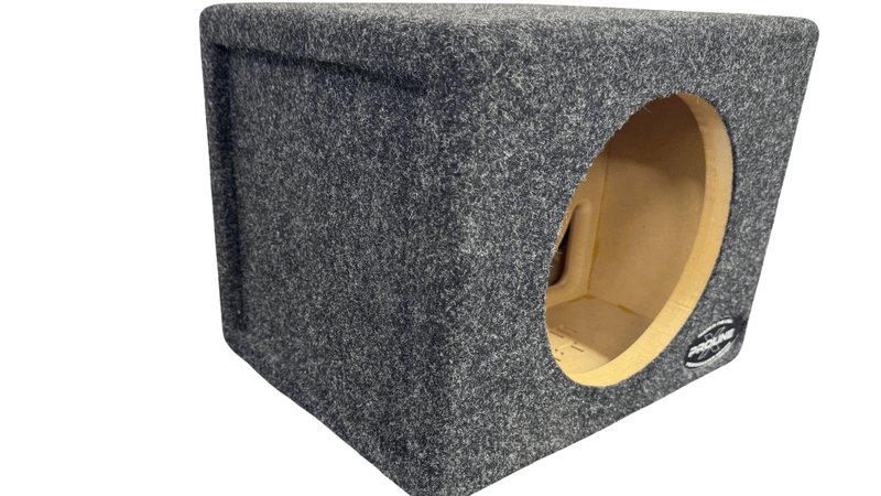 Gray subwoofer enclosure with a wooden interior on a white background