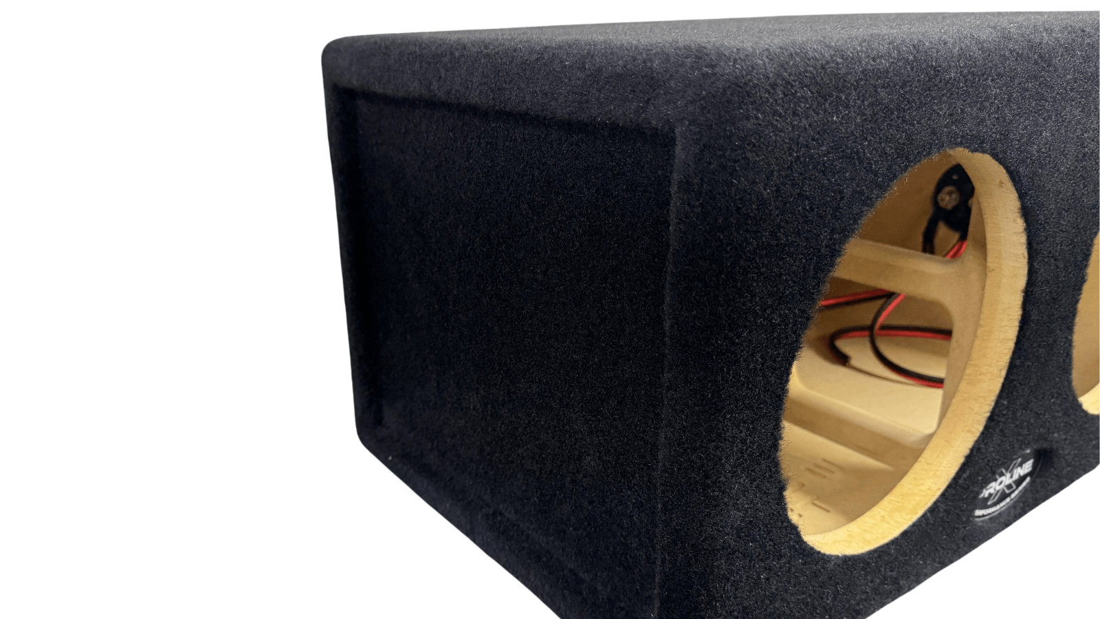 Car subwoofer enclosure with wooden port and visible brand logo on a white background