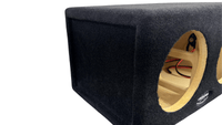 Car subwoofer enclosure with wooden port and visible brand logo on a white background
