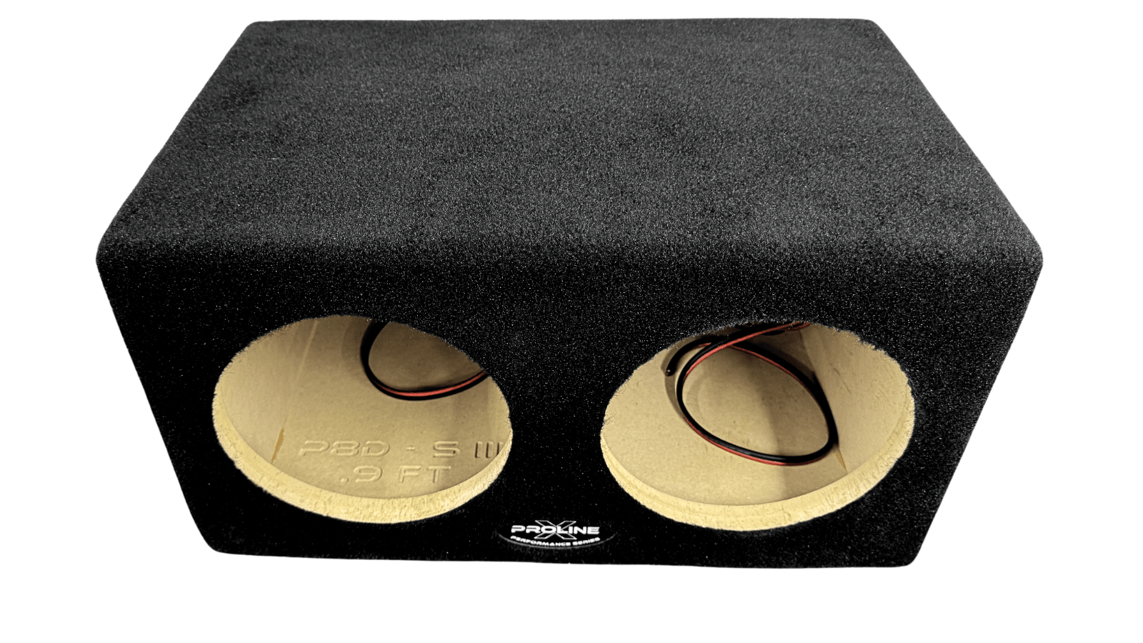 Black double-subwoofer enclosure with visible brand name on a white background