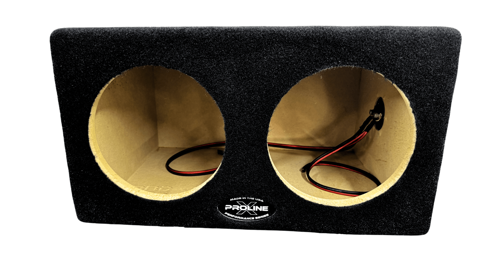 Car audio subwoofer enclosure with two cones and visible brand logo on a white background