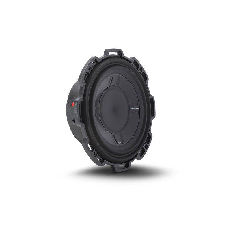 Rockford Fosgate P3S 10 basket at an angle with the trim ring removed, showing the spider venting and mounting tabs