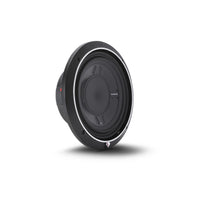 Rockford Fosgate P3S 10 shallow subwoofer at an angle, showing the trim ring and cone profile