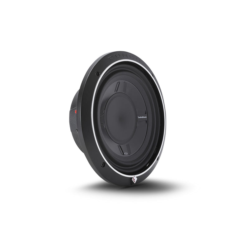 Rockford Fosgate P3S 10 shallow subwoofer at an angle, showing the trim ring and cone profile
