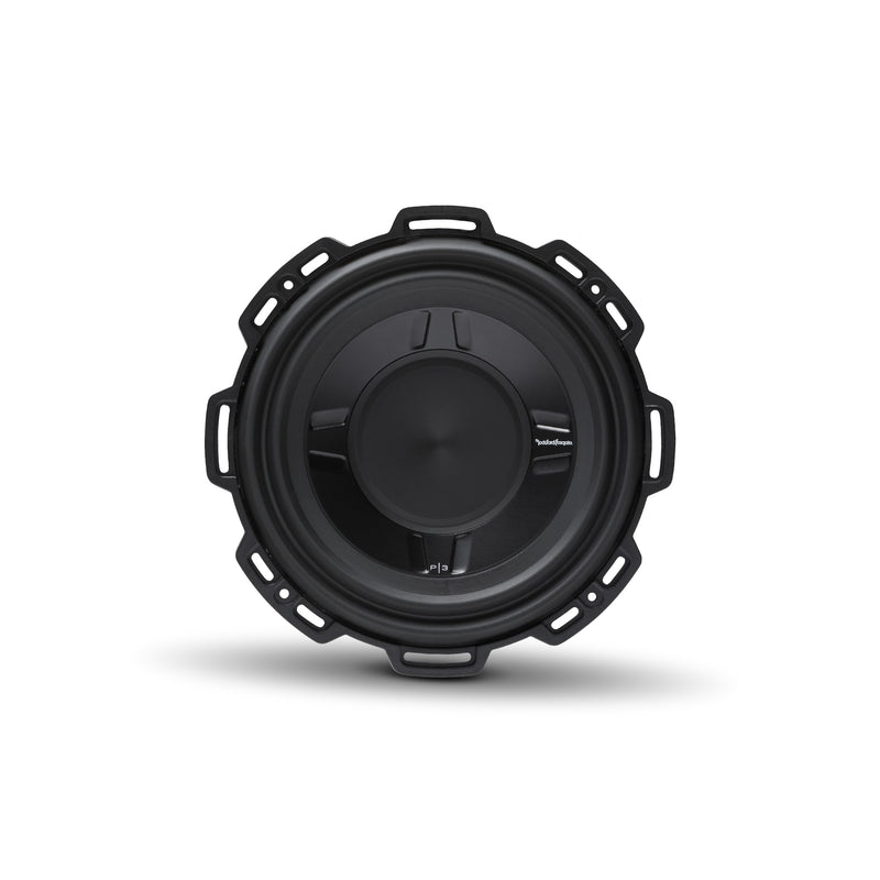 Rockford Fosgate P3S 10 front view without the trim ring, showing the StampCast basket and slotted FlexFit mounting holes
