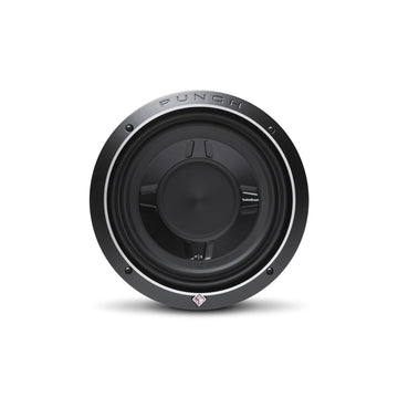 Rockford Fosgate Punch P3S 10 inch shallow subwoofer, front view with the diamond-cut trim ring and anodized aluminum cone