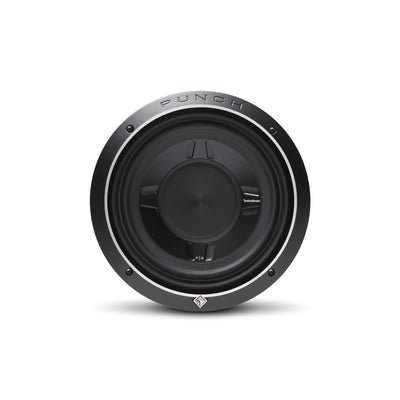 Rockford Fosgate Punch P3S 10 inch shallow subwoofer, front view with the diamond-cut trim ring and anodized aluminum cone