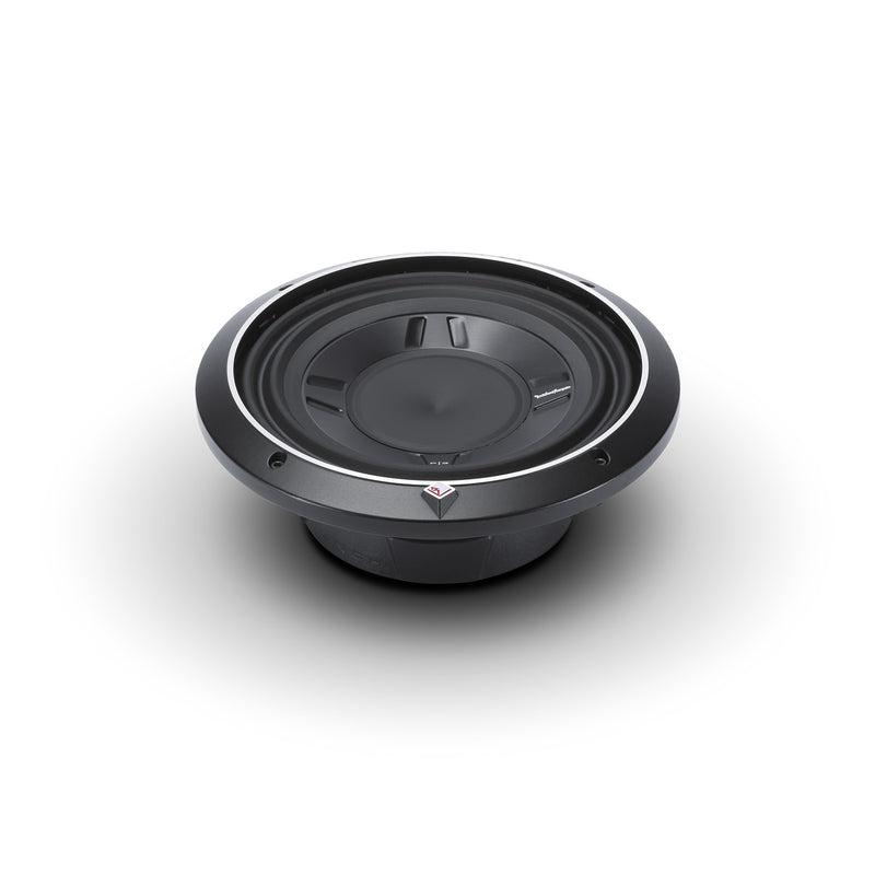Rockford Fosgate P3S 10 from a low front angle with the trim ring fitted