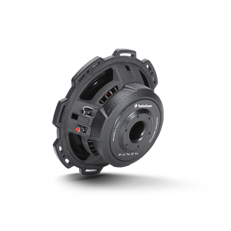 Rear of the Rockford Fosgate P3SD2-10, showing the short motor, dual compression terminals and the Dual 2 ohm label