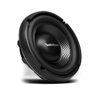 Rockford Fosgate T1 Slim 10 subwoofer at an angle, showing the cone and trim ring