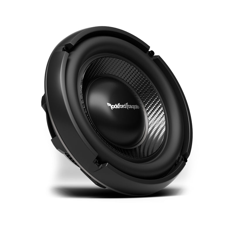 Rockford Fosgate T1 Slim 10 subwoofer at an angle, showing the cone and trim ring