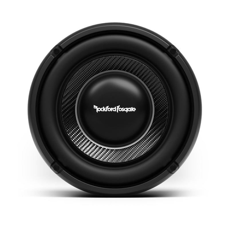 Rockford Fosgate Power T1 Slim 10 inch subwoofer T1S2-10S, front view of the carbon fiber composite cone and Rockford Fosgate dust cap