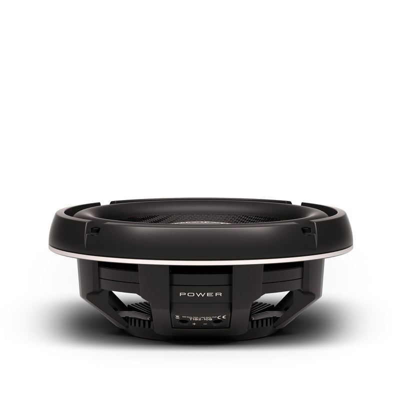 Rockford Fosgate T1 Slim 10 from a low front angle showing the Power series label on the basket