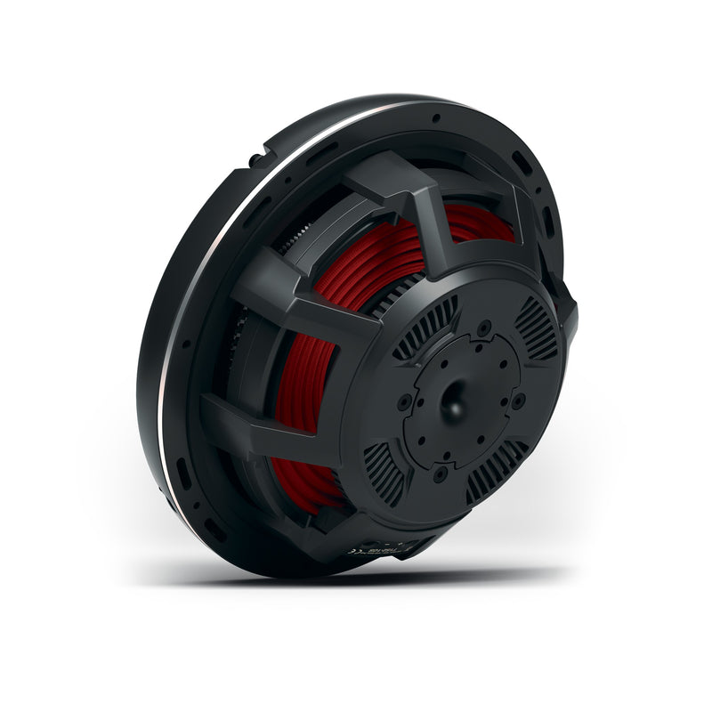 Rear of the Rockford Fosgate T1 Slim 10 showing the vented basket, neodymium motor and red internal detail