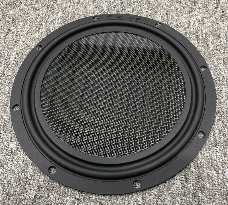 Stereo Integrity BM-11 11 inch shallow subwoofer, front view of the flat carbon fiber diaphragm and surround