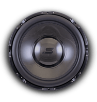 Stereo Integrity HFS-24 subwoofer, front view render of the carbon fiber cone and logo dust cap