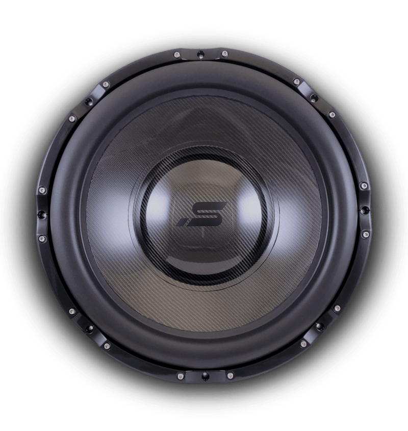 Stereo Integrity HFS-24 subwoofer, front view render of the carbon fiber cone and logo dust cap