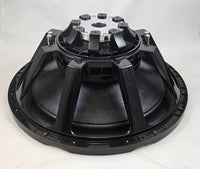Stereo Integrity HFS-24 compact 24 inch subwoofer, rear three-quarter view of the neodymium cup motor and coupling arms