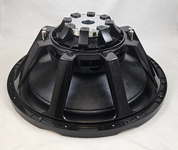 Stereo Integrity HFS-24 compact 24 inch subwoofer, rear three-quarter view of the neodymium cup motor and coupling arms